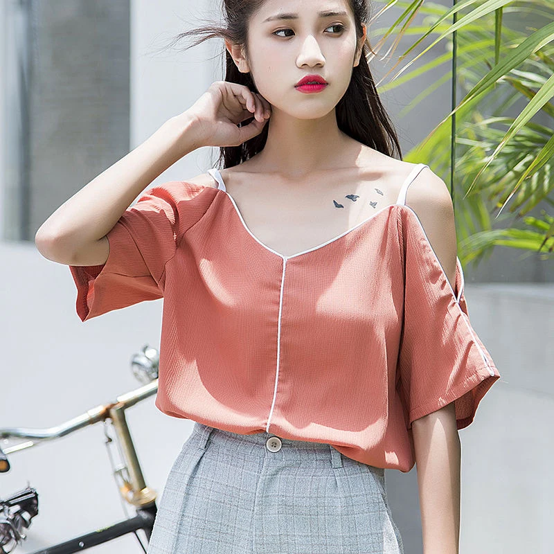 

Women Summer Beach Style Short Blouses Shirts Lady Girls Casual Short Sleeve Off Shoulder Straped Blusas Tops DF2571