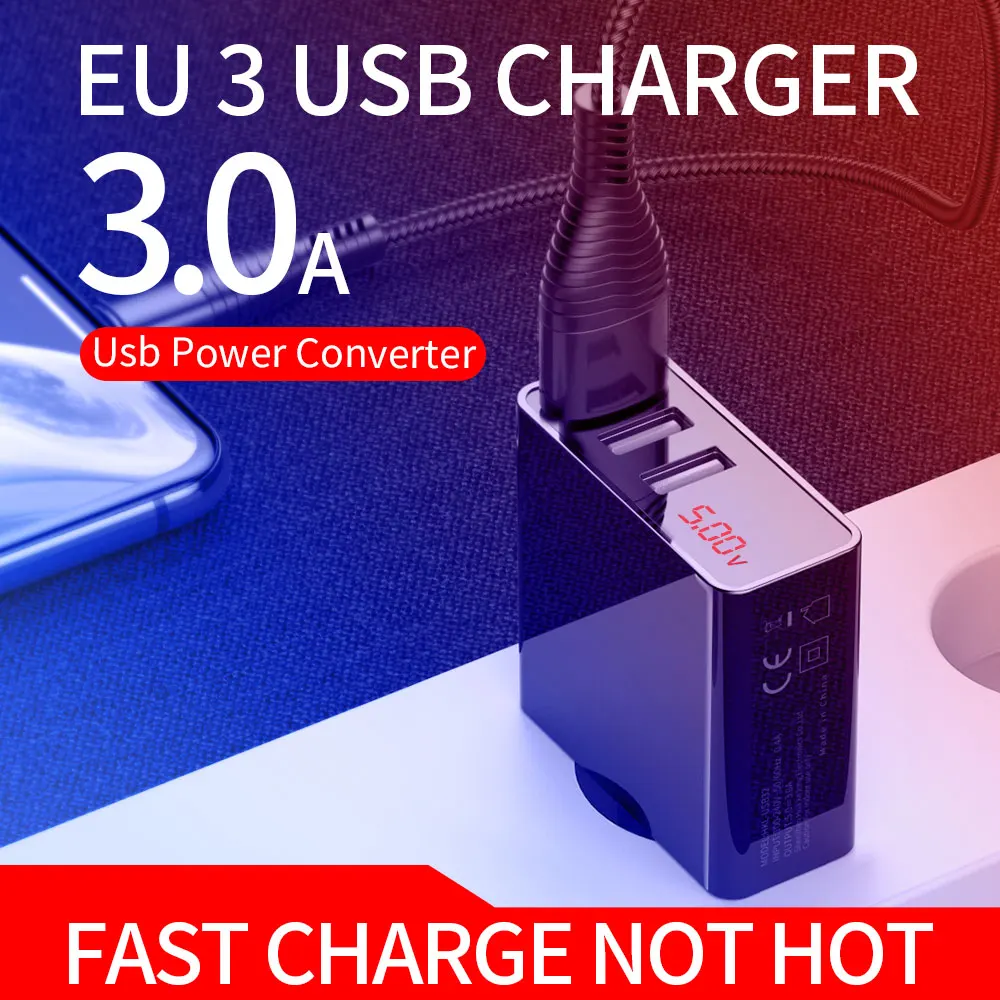 Universal 3A LED Display EU 3 Port USB Charger Mobile Phone Fast Charging Wall For iPhone Samsung Xiaomi | Мобильные телефоны и