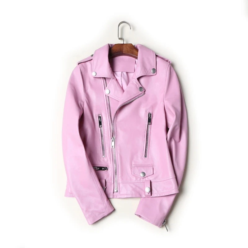 pink Куртка из натуральной кожи, женские топы, осенняя Женская куртка из овечьей кожи, Корейская черная Розовая тонкая куртка, Женская куртка ZT386 - Цвет: pink