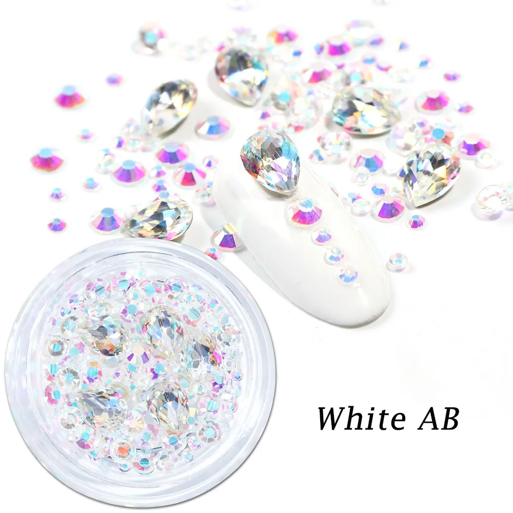 White AB 1 коробка AB Стразы кристаллы для ногтей драгоценные камни стразы смешанной формы бриллианты лунный свет пламя капля круглый дизайн ногтей украшения BE070-1 - Цвет: White AB