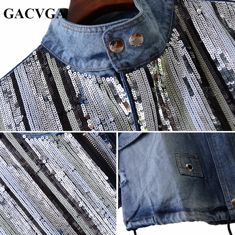 Женская джинсовая куртка с блестками GACVGA бомбер длинными рукавами винтажные