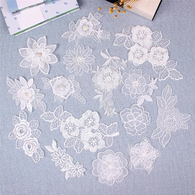 

White Organdy Pearl Flower stripe Patches Embroidered Cloth Stickers Bride Veil Dress Accessories Sew On Patch for Clothing DIY