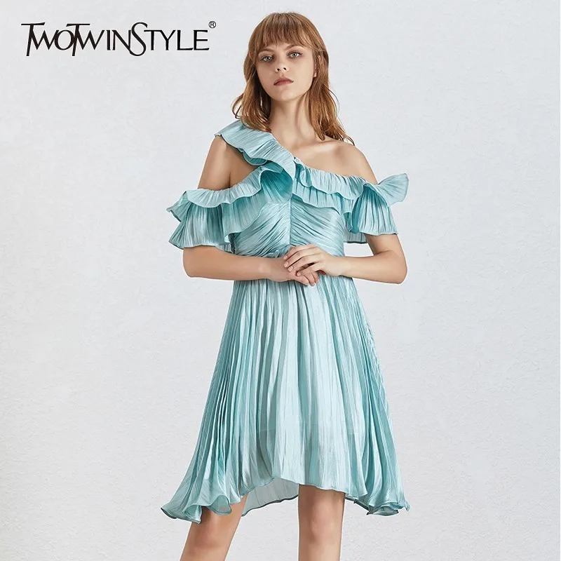 Платье мини TWOTWINSTYLE летнее зеленое с коротким рукавом и высокой талией|Женские