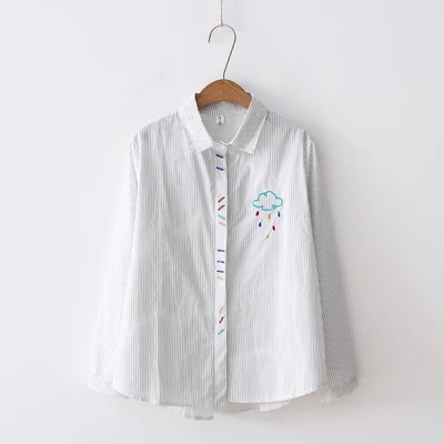 JKKUCOCO Newest Women Shirt Embroidery Thunderstorm Cotton blouses Blouse shirt Long Sleeve Casual Striped Shirts S-XL |