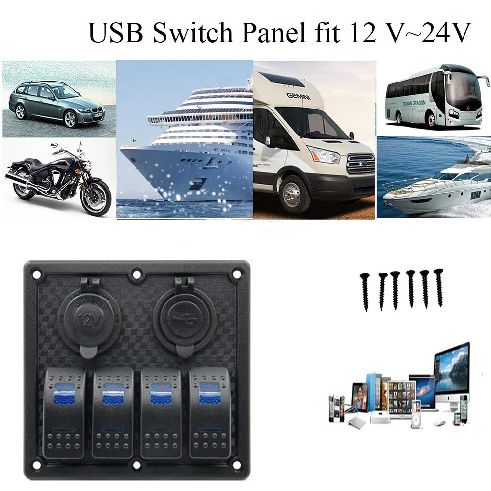 4 Gang цепи синий светодиод кулисный переключатель Панель 12 24V Dual USB Порты и разъёмы