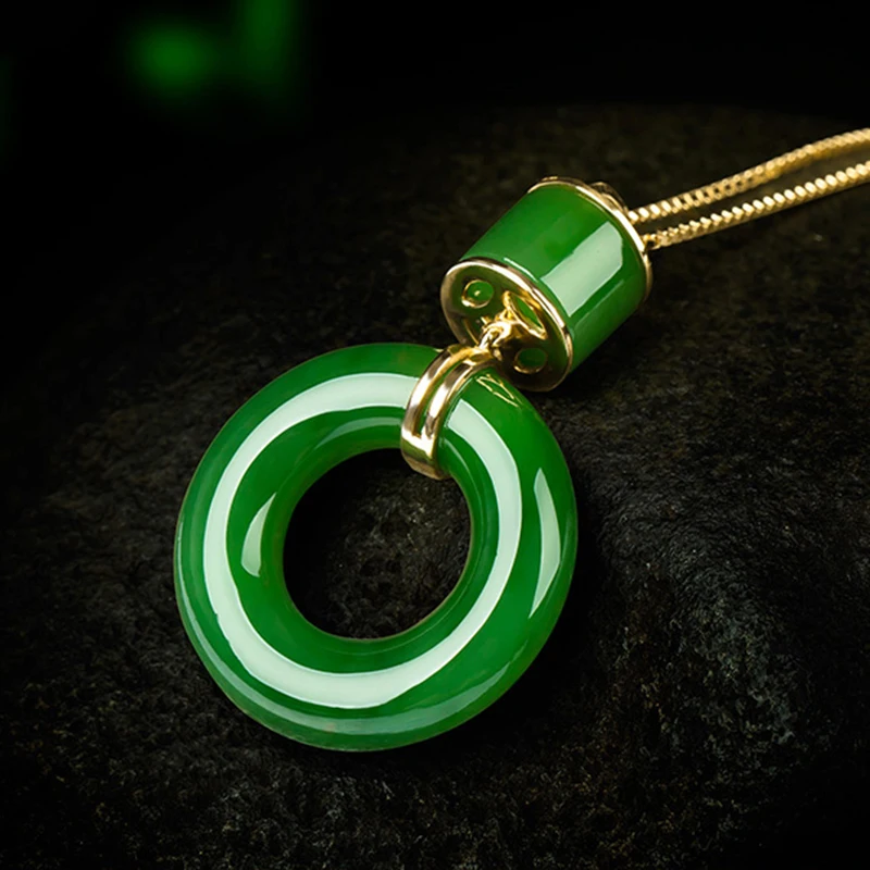 S925 Silver inlaid jade pendant female and Tian Jasper Green chain spinach Emerald Item yuhuan Necklace Sweater Ch | Украшения и