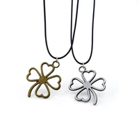 cute girls retro clover pendant necklace for women vintage leather chain flower choker female jewelry party friends gift