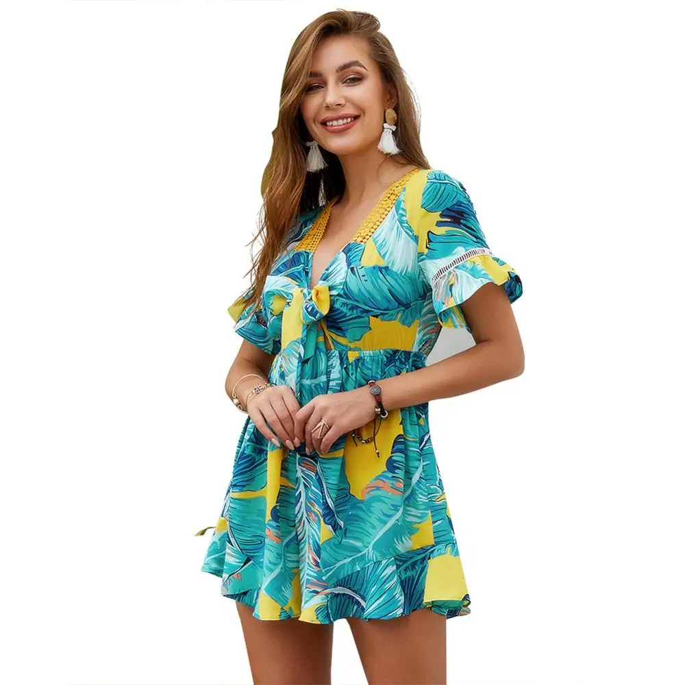 Женский элегантный комбинезон с v-образным вырезом и рюшами летний высокой