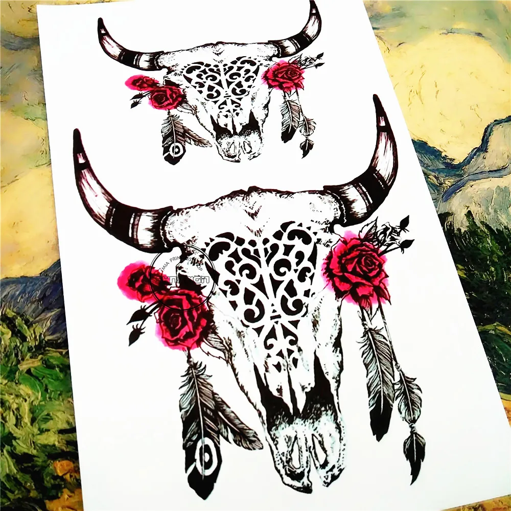 SHNAPIGN Мексиканская голова быка Временный тату боди арт флеш наклейки 12*20 см