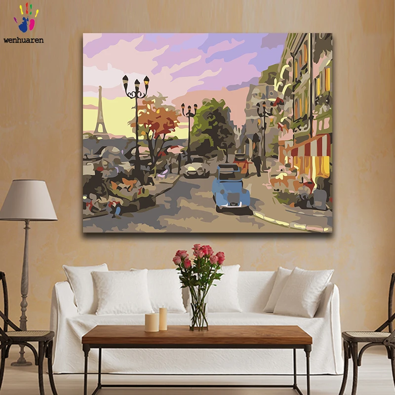 DIY Coloring paint by numbers City street scenery paintings with kits 40x50 framed | Paint By Number Package