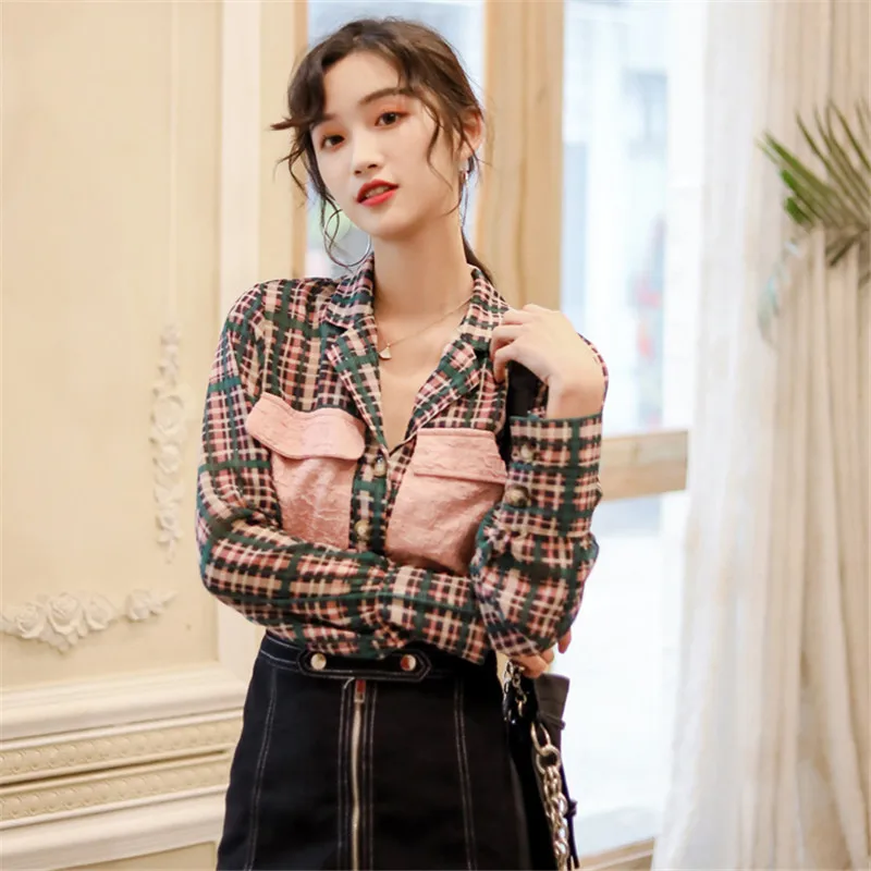 2019 Весна Лето Новая женская одежда клетчатый свободный костюм воротник короткая