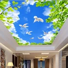 Обои на заказ, обои на потолок HD, голубое небо, зеленый лист, белые голуби, фото, настенная ткань, тема для гостиной, отеля, обои на потолок