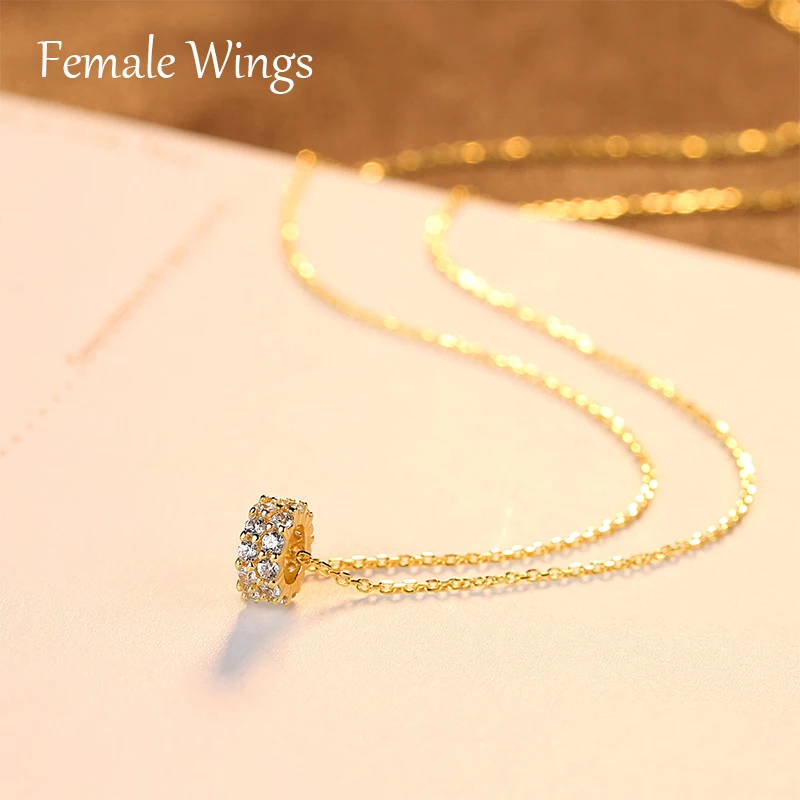 Female Wings 925 Sterling Silver Double Row Full Zirconium Pendant Necklace Plated 18K Real Gold Clavicle Chain FN037 | Украшения и