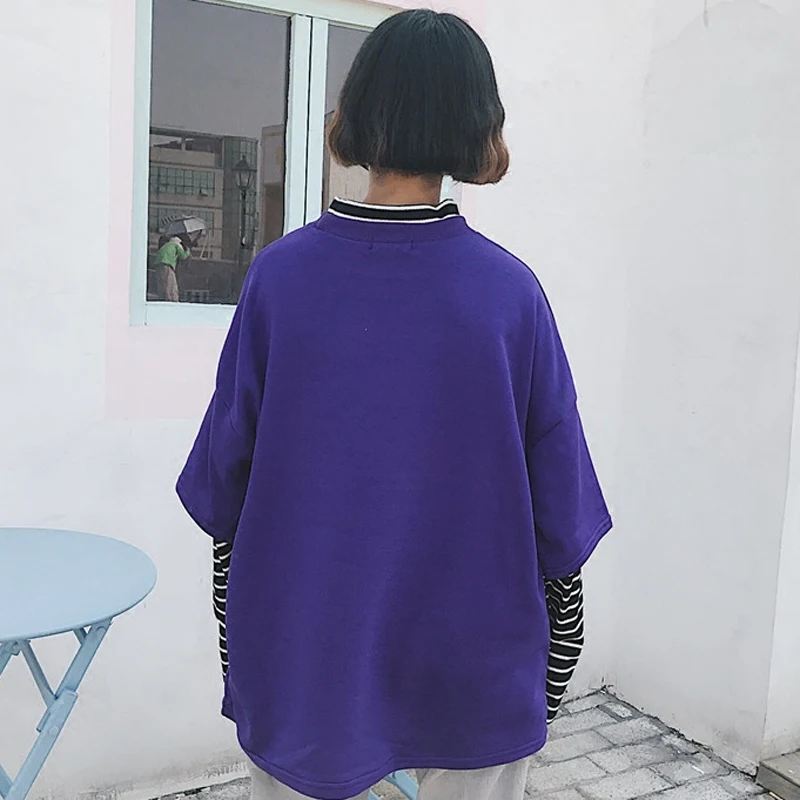 

Sudadera Mujer 2021 Women Hoodie Korean Ulzzang Harajuku Loose Striped Patchwork Fake 2 Piece Sweatshirts Hoodies Womens Tops