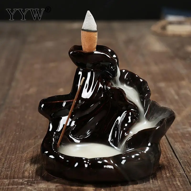 

Black Diverse Backflow Incense Burner Home Decor Ceramic Censer Smoke Waterfall Incense Holder With 10pcs Free Incense Cones