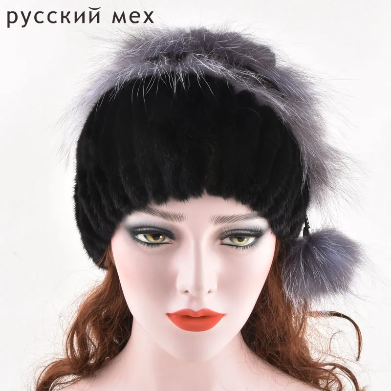 

Genuine Mink Fur silver fox Caps Women Knitted Mink Fur Hats With rabbit Fur Women Real Fur Flower Beanies Hats Winter