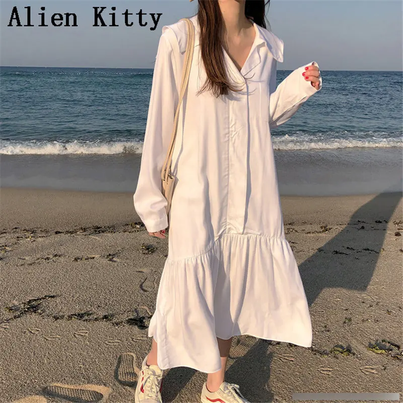 Женское свободное платье до середины икры Alien Kitty белое однотонное Повседневное с