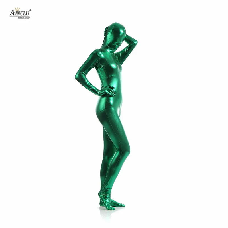 Ainclu полноразмерный зеленый клей металлик Zentai для хеллоуина Блестящий спандекс с