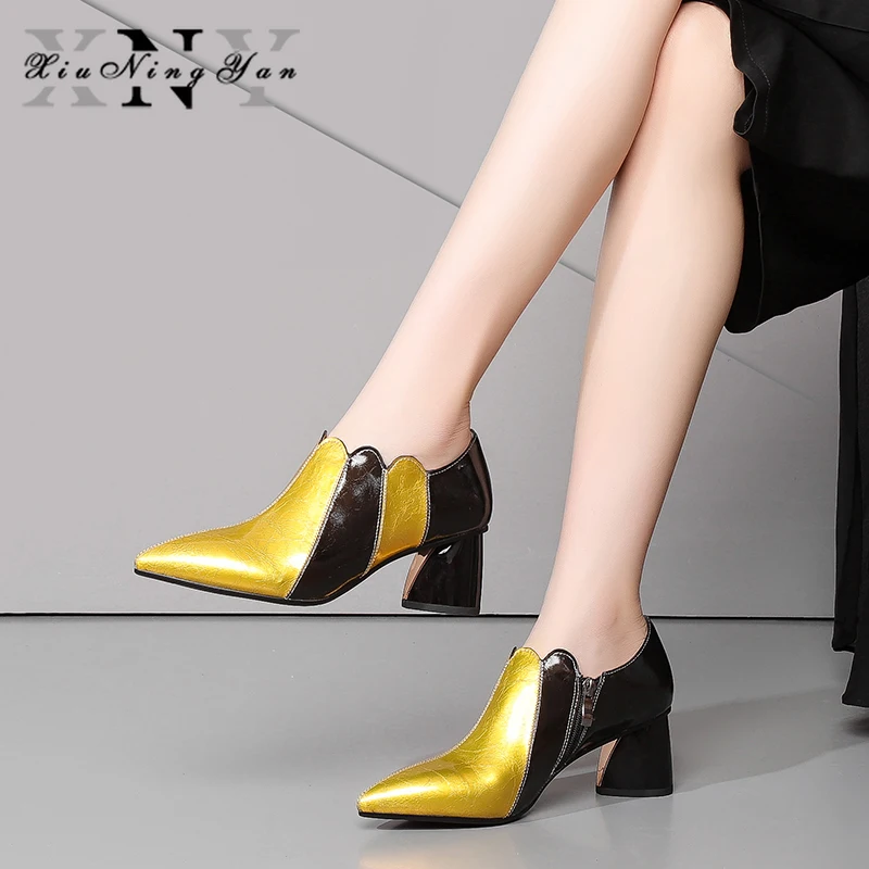 

Hot Sale Women Pumps 2019 New Fashion Cow Genuine Leather Wedding Shoes Woman High Square Heel Zipper Office Lady Dress Shoes