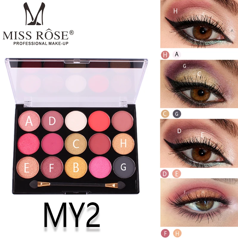Матовые тени для век Miss rose 15 цветов ярко розовые красные персиковые синие