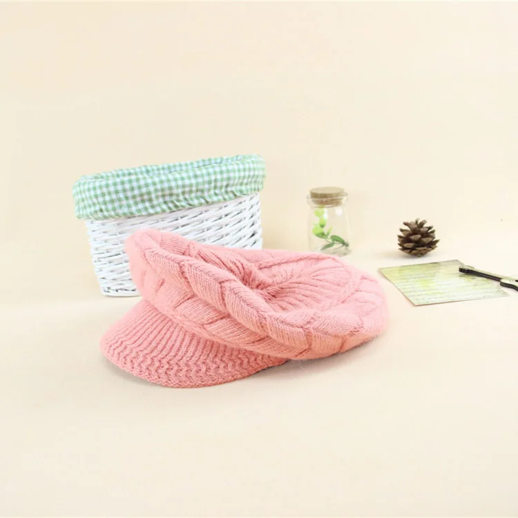 Pink Cap Женская вязаная шапка s козырьки Осень Зима Новая однотонная клетчатая теплая шапка с козырьком повседневная женская вязаная шапка для девушек женские шапки Skullies - Цвет: Pink Cap