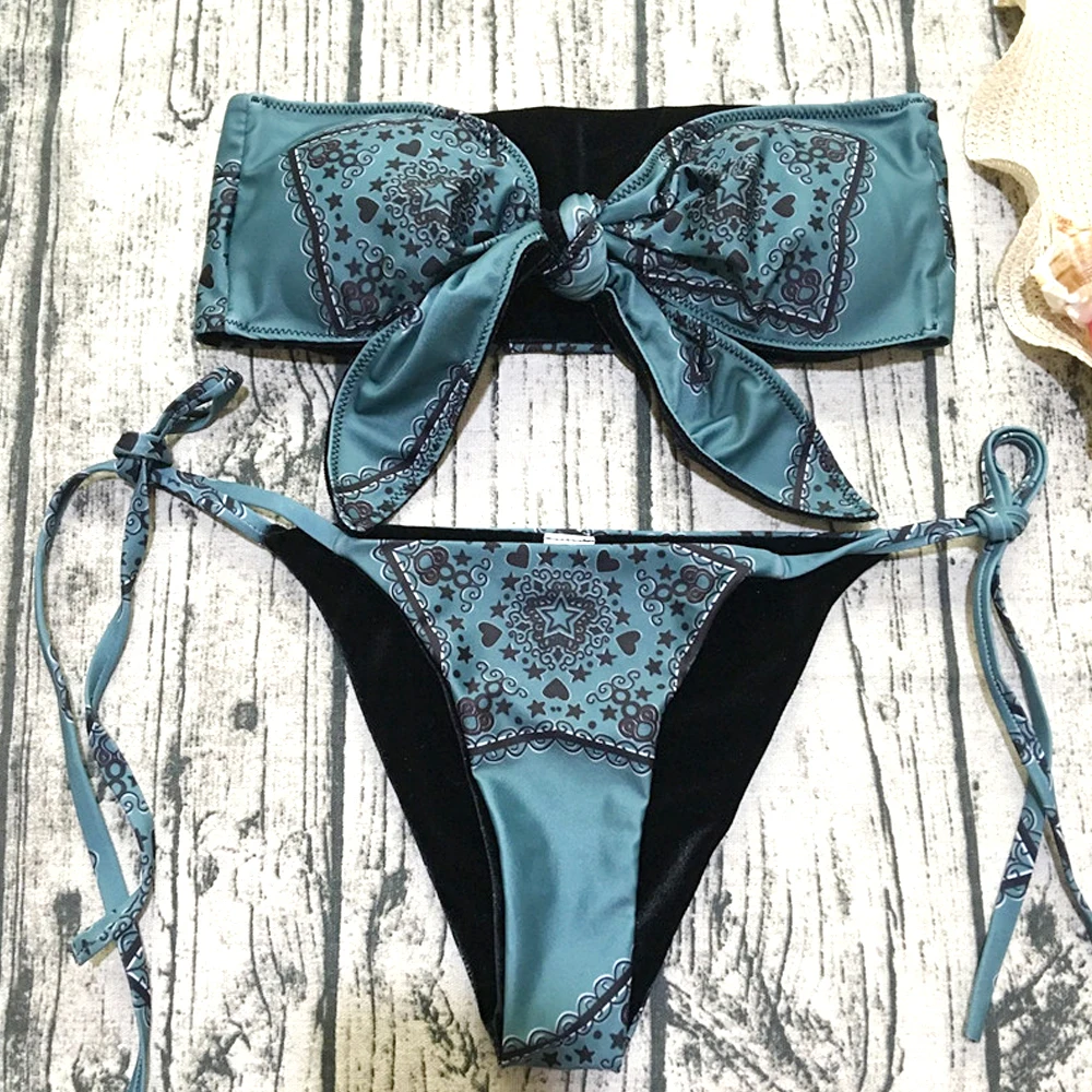 Sexy Bandeau Swimsuit Women Knots on the Chest Bikini Set for Girl Swimming Suit 2018 Print Bathing Separate New Swimwear |