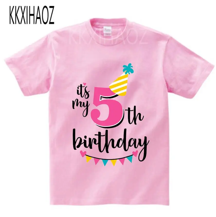 Футболка с надписью «Happy Birthday Number» для девочек 4-6 лет, милая летняя одежда для малышей, Детская футболка с цифрами «забавный подарок на день рождения» для мальчиков, NN - Цвет: pink childreT-shirt