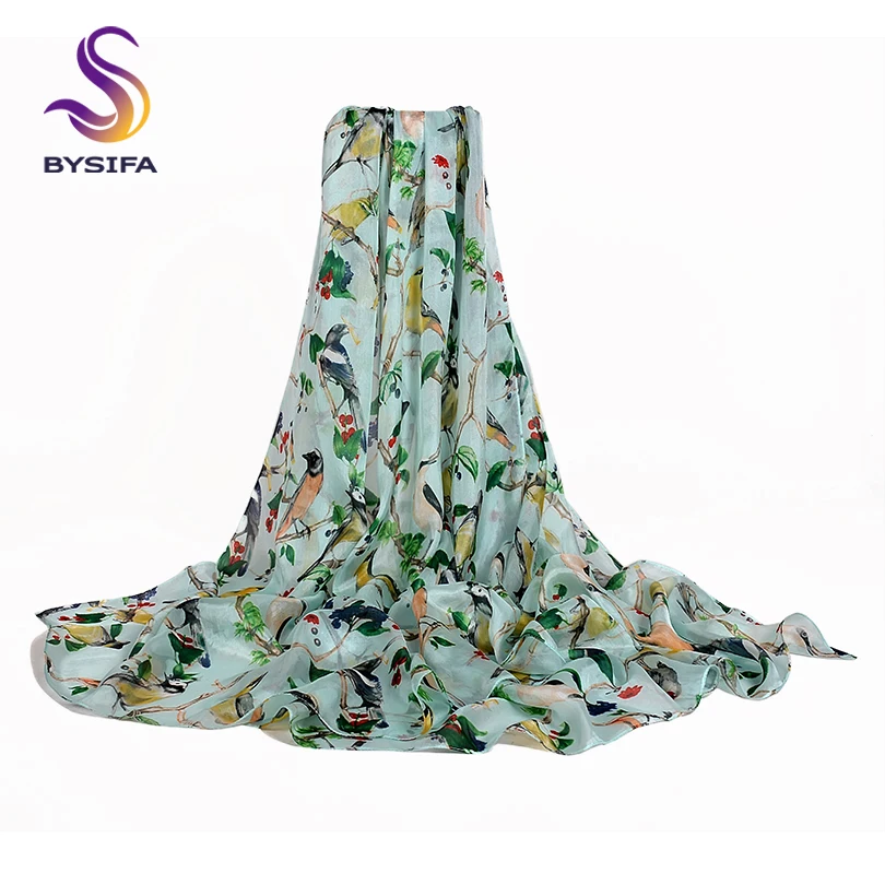 [BYSIFA] Новый светильник шелковый шарф с зелеными птицами шаль накидка для пляжа