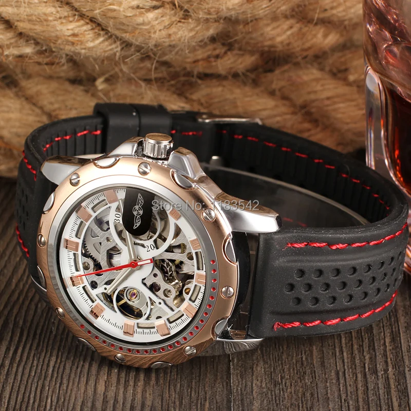WINNER WRG8027M3T4 Automatic fashion dress wristwatch rose gold watch silicone strap for men hot selling free shipping | Наручные часы