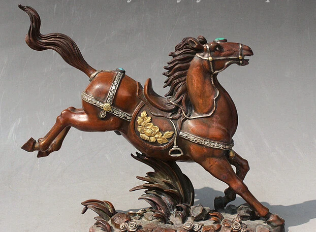 decoration bronze factory outlets Tibet Silve 11&quot China Bronze 24K Gild Silver Peony Mum Flower Run Fine Horse Horses Statue | Дом и сад