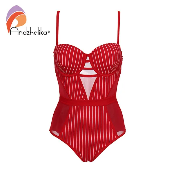 Red-2 Andzhelika Stripe One-piece Swimsuit New Sexy Mesh Swimwear Backless Bodysuits Summer Beach Bathing Suit Monokini AK75140 - Цвет: Red-2