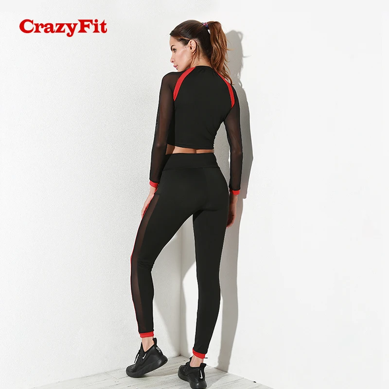 CrazyFit, спортивная одежда, женский сексуальный сетчатый комплект с длинным рукавом, черный, красный, пэчворк, для йоги, укороченный топ/леггинсы, для фитнеса, спортзала, спортивный костюм