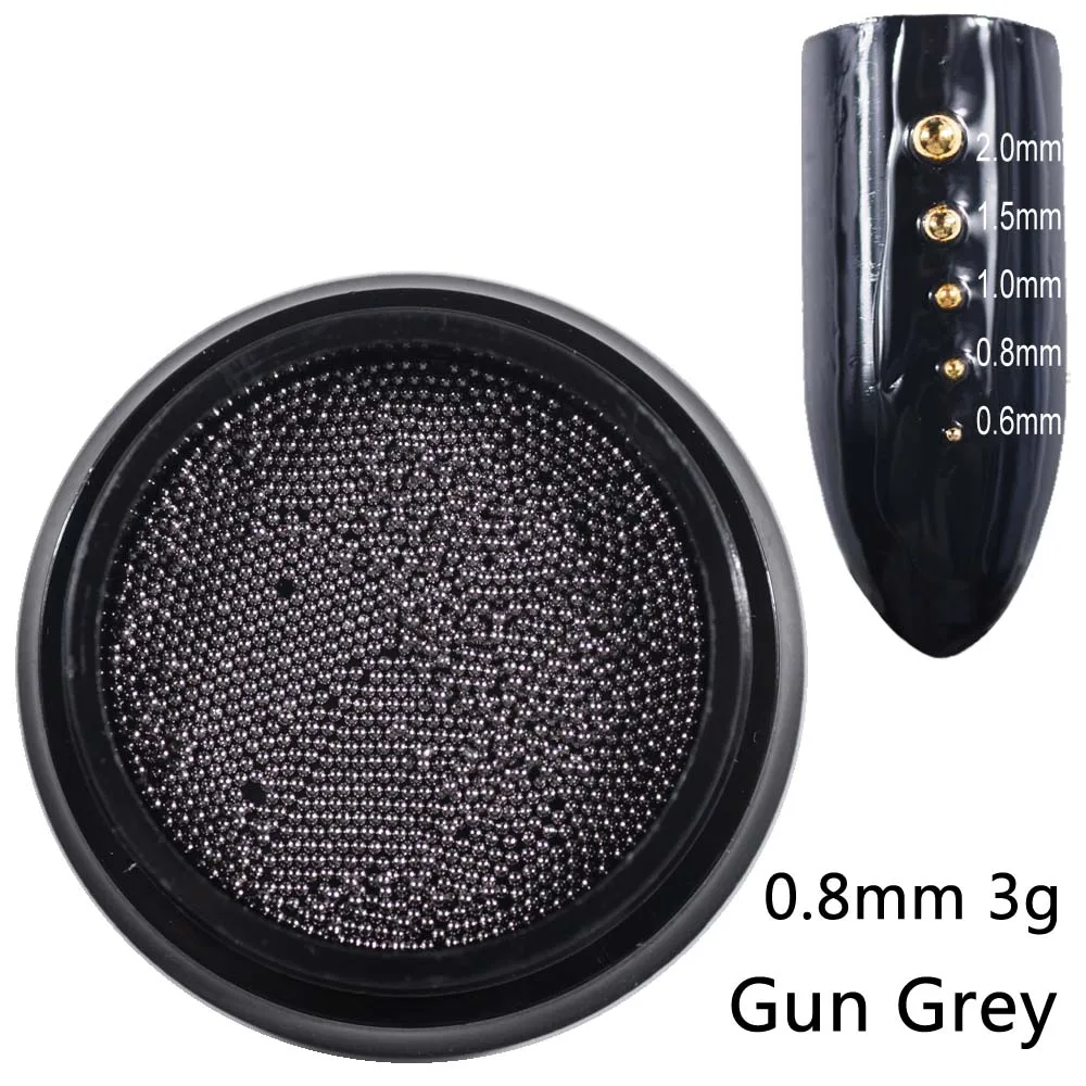 0.8mm gun grey 3g Бусины для ногтей, микро металлические бусины 0,6-2,0 мм, 3D Шпильки для ногтей, сплав, ювелирное изделие для ногтей, амулеты, принадлежности для художественных украшений, стальные шарики для икры - Цвет: 0.8mm gun grey 3g