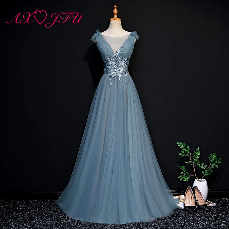AXJFU принцесса с круглым вырезом и бантом серое синее кружевное вечернее платье