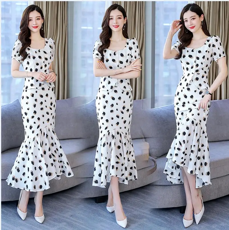 Белый SUmmer Women Two Piece Sets top blouse Shirt and long mermaid Skirt Sets Fashion lady party dot Skirts suits - Цвет: Белый