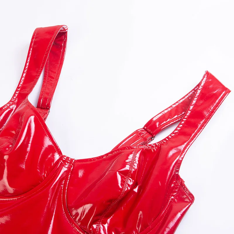 

Women Spaghetti Strap Dress PU Leather Dress Sexy Club Party Dresses 2019 Bodycon Vestidos Sleeveless Pencil Mini Dress