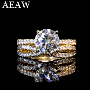 14K Yellow Gold Ring Set Round Brilliant Cut DF 3ctw 8mm Moissanite Engagement Ring & Wedding Band For Women