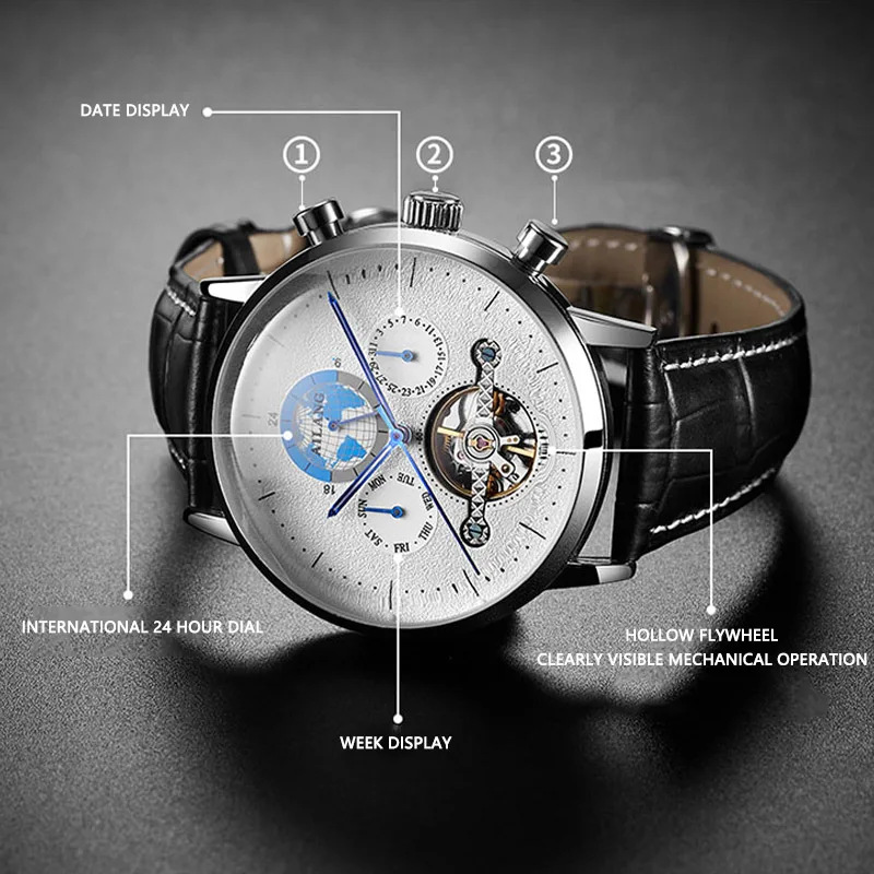 Брендовые мужские часы автоматические механические Tourbillon спортивные кожаные