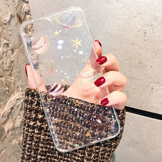 Bling Glitter Planet Sakura Transparent Soft Gel Case Cover For Apple iPhone X 6S 7Plus 8Plus |