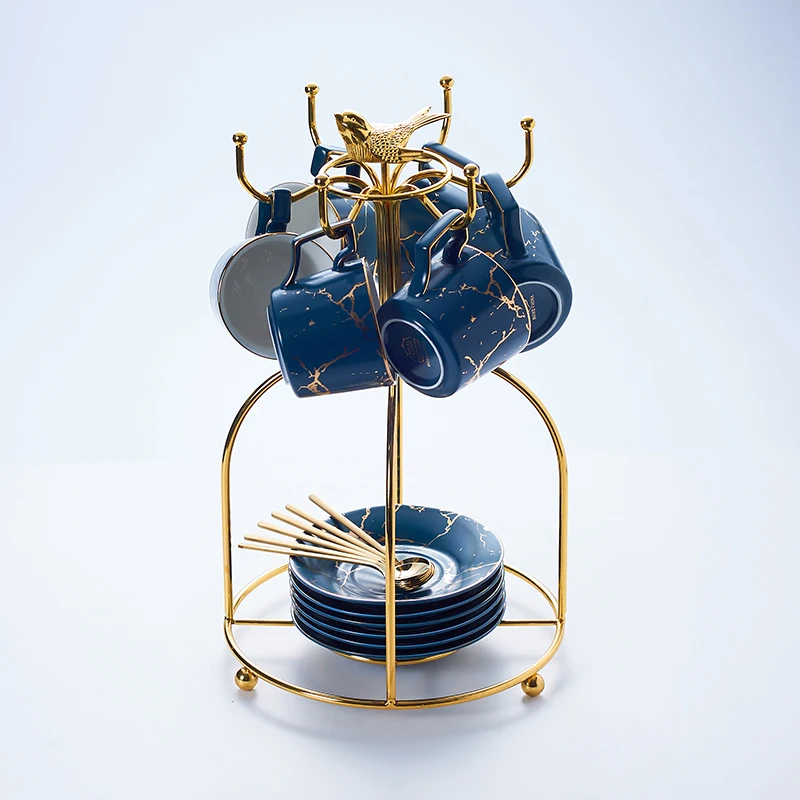 Blue 6Cups Birdcage Мрамор Керамика Кофе чашка с блюдцем ложка 200 мл Nordic Чай чашки Матовый фарфор Чай расширенный набор Чай чашка кафе эспрессо чашка - Цвет: Blue 6Cups Birdcage