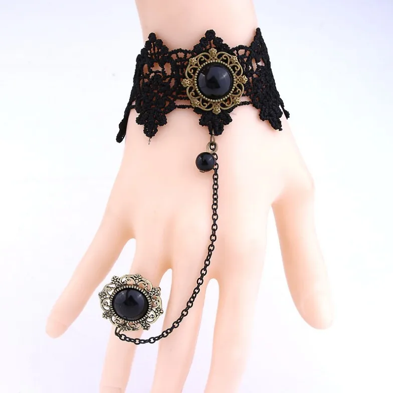 

New Arrival Vintage Black Lace Flowers Fingerless Bridal Gloves+Alloy Ring/Bridal Bracelet 314