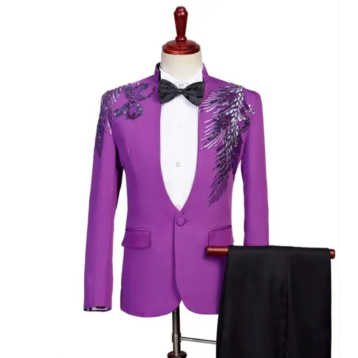 Purple Blazer Men Suit Set With Pants Wedding Sequin Singer Star Style Dance Chorus Stage Clothing Slim Formal Dress