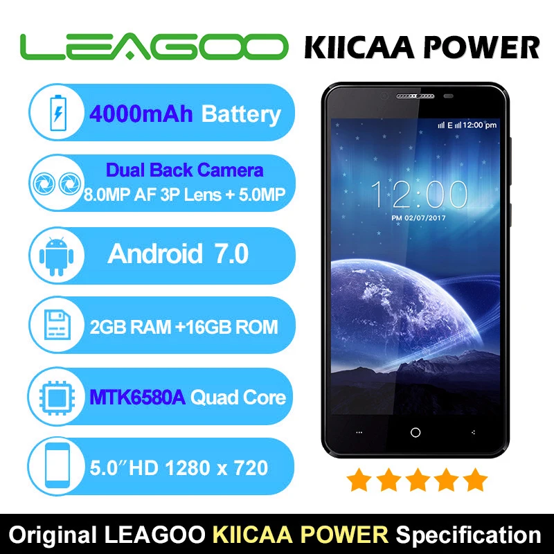 Мобильный телефон Leagoo Kiicaa power, двойная камера, Android 7,0, четырехъядерный процессор MTK6580A, 2 Гб ОЗУ, 16 Гб ПЗУ, сканер отпечатков пальцев, 3G, смартфон