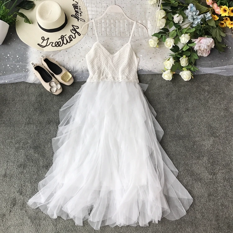 Женское вязаное Сетчатое платье ALPHALMODA игривое на бретельках с оборками