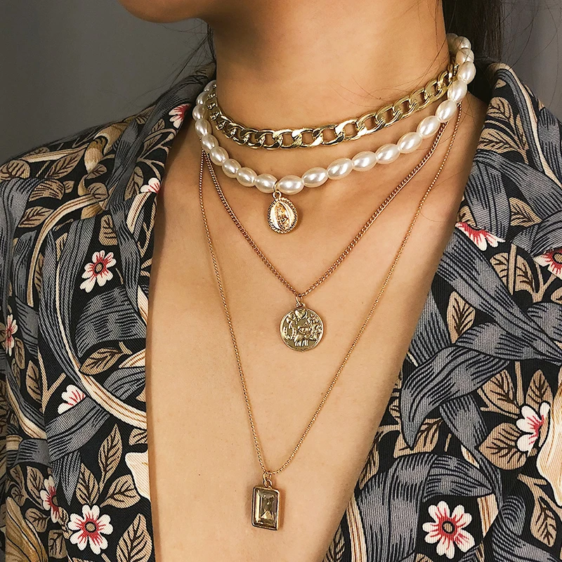 Женская винтажная цепочка многослойная из искусственного жемчуга массивное