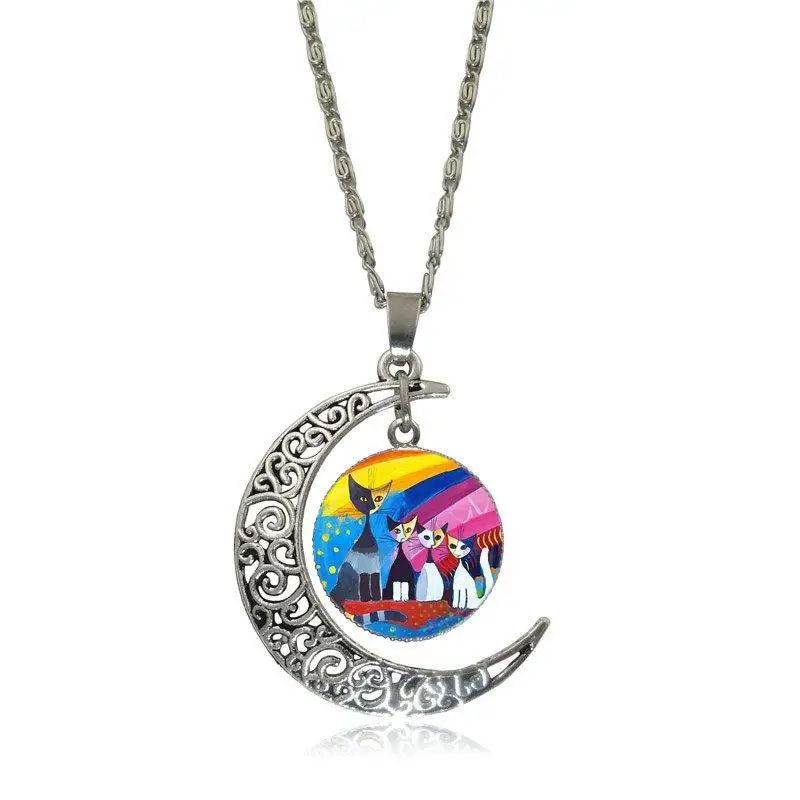 EJ Glaze Rosina Wachtmeister Cats Fashion Jewelry Vintage Glass Necklace With Crescent Moon For Girls Wholesale | Украшения и