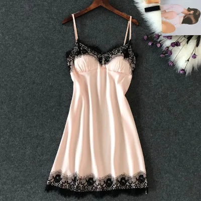 lace pink Herislim женское сексуальное белье, шелковая ночная рубашка, летнее платье, кружевное Ночное платье, ночная рубашка, ночная сорочка, атласная Домашняя одежда, нагрудные накладки - Цвет: lace pink