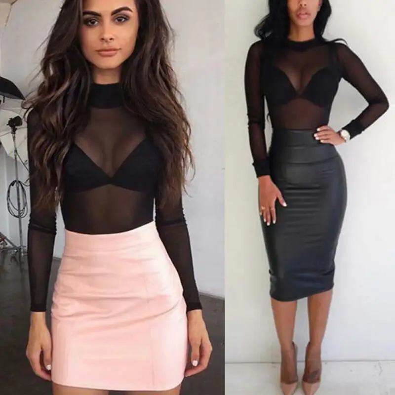 

Women Sheer Mesh Fish Net Long Sleeve Turtle Neck Top T-Shirt Female Transparent See Through Black Pink Tops