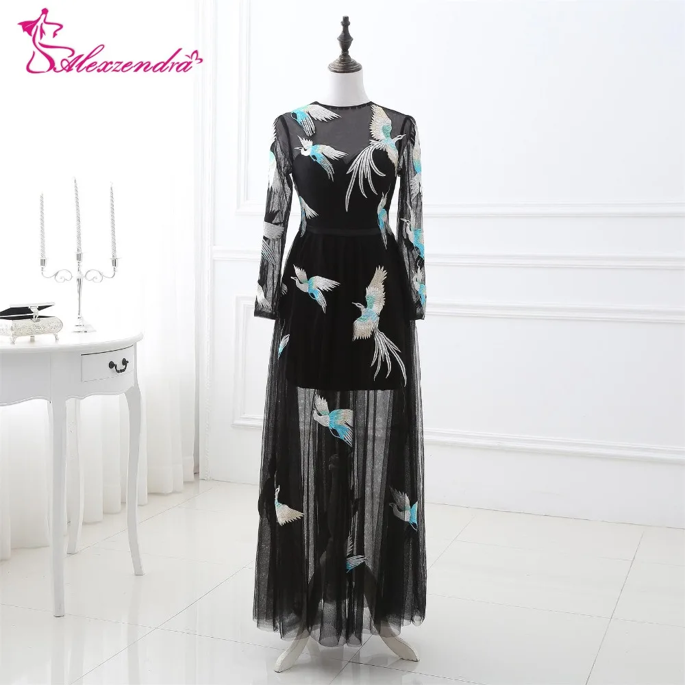 

Alexzendra Stock Dress Black Tulle Prom Dresses with Long Sleeves Unique Design Partten Party Dresses Evening Dress