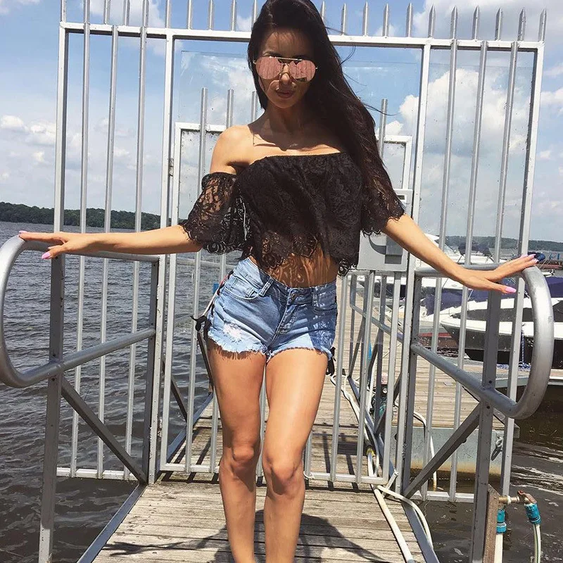 Лето 2018 черный кружева женщина рубашка с открытыми плечами Половина рукава